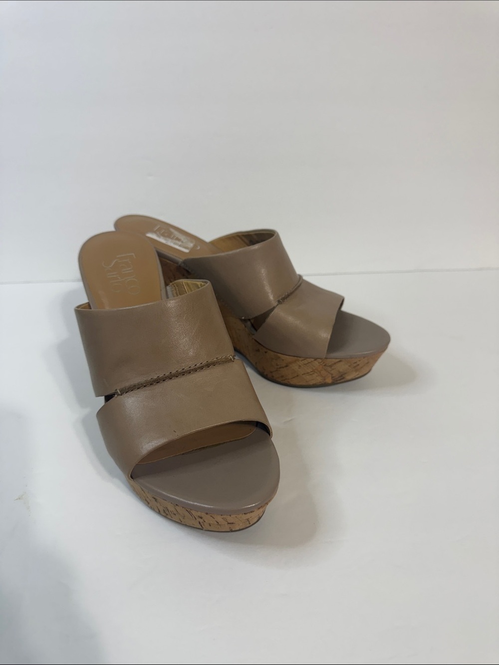 Franco Sarto Taupe Double-Band Cork Wedge Mules